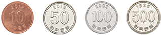 coins - 10won, 50won, 100won, 500won